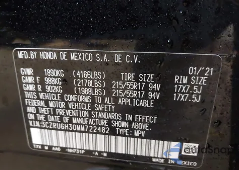 2021 Honda Hr-V Awd Lx from USA, damaged, VIN 3CZRU6H30MM722482
